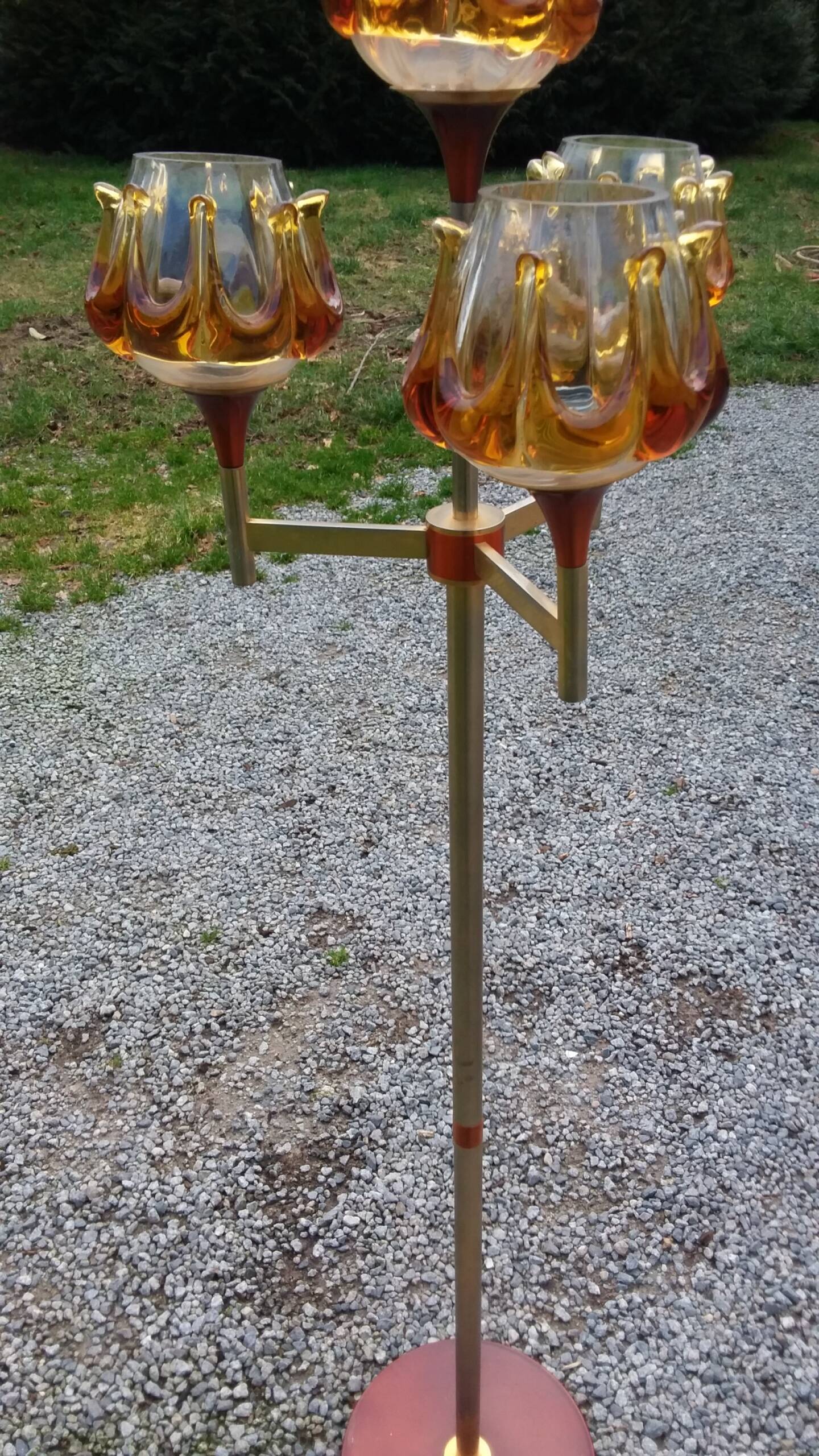 1970s design floor lamp in gold and orange chrome metal with 4 glass tulips