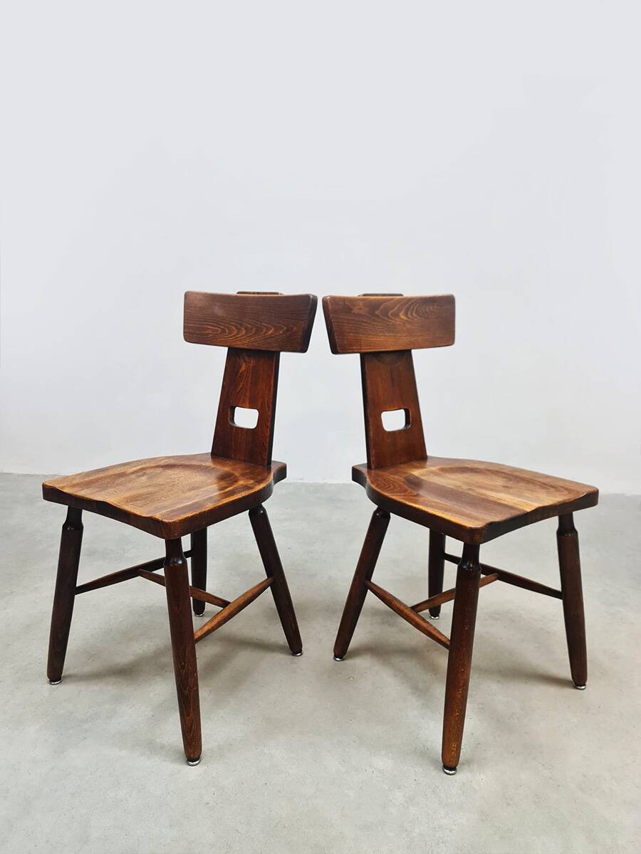 Vintage brutalist T-back dining chairs Pierre Chapo style