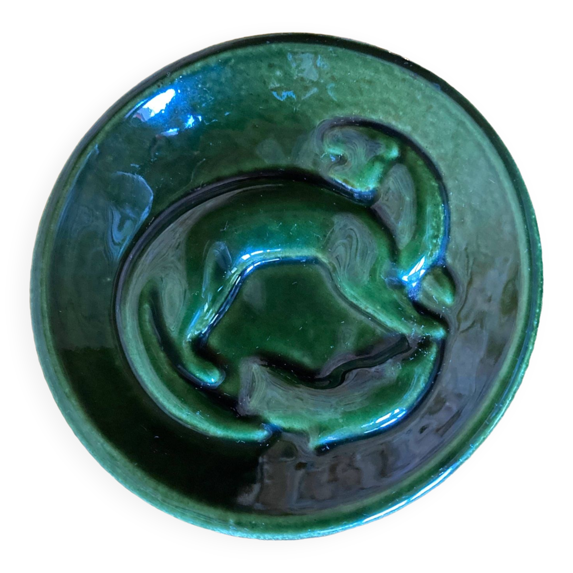 Pocket tray or ashtray with otter and fish in enameled cast iron, Finland, 1960s
