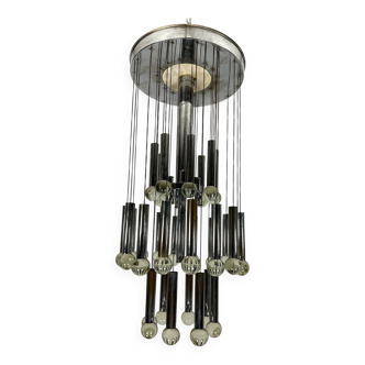 Mid- Century glass and chrome chandelier by Sciolari. Italy 1960s