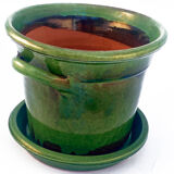 Cache pot en terre cuite émaillée verte vintage et sa soucoupe.