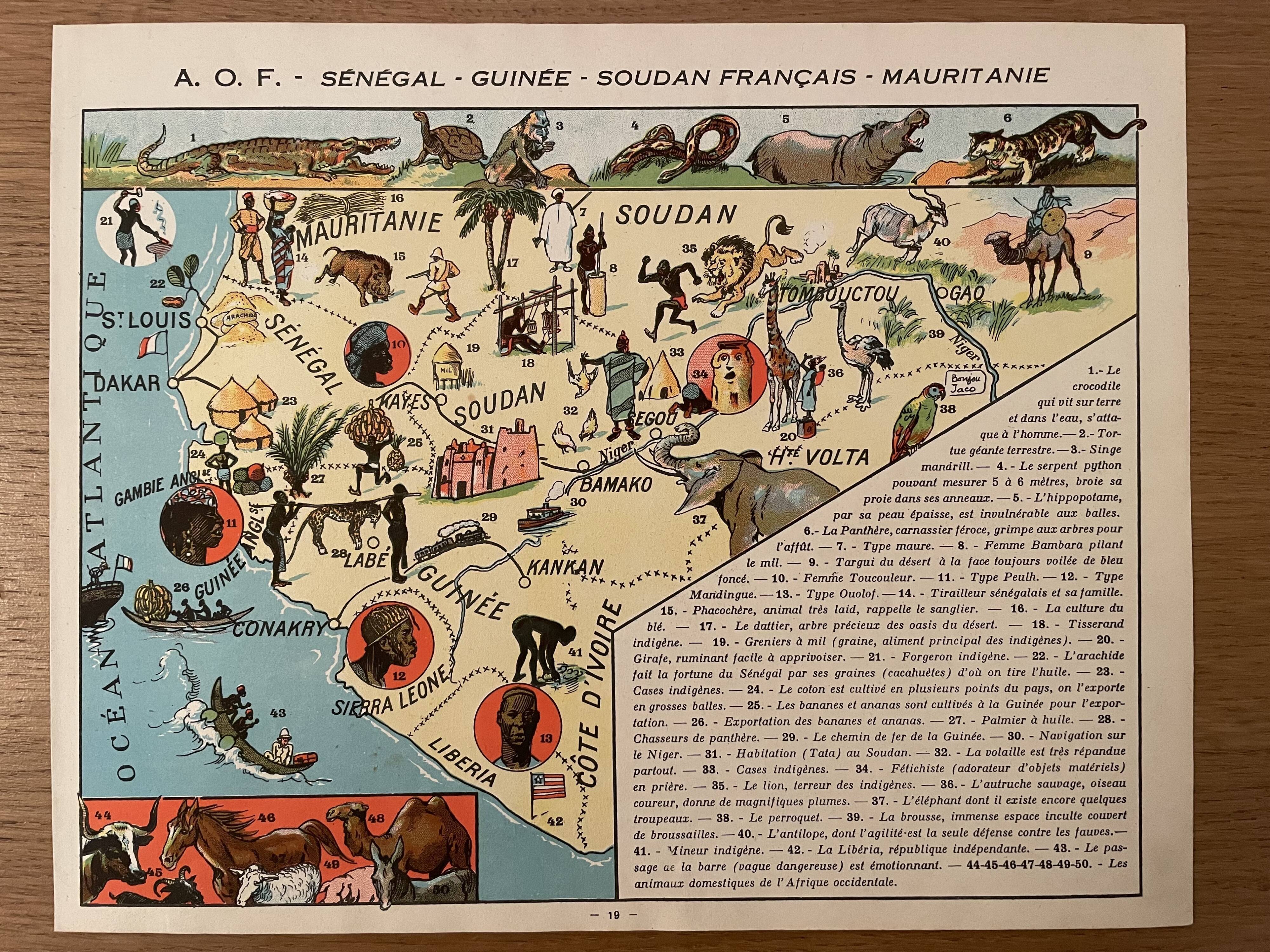Old poster map of French West Africa Senegal Guinea Sudan - 1931