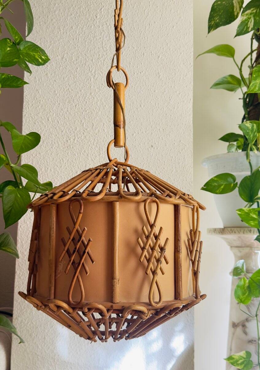 Hanging bamboo lamp with chinoiserie details by Louis Sognot, France, 1950.