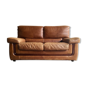 Leather sofa 2 place Made in Italy cognac color - 1980s