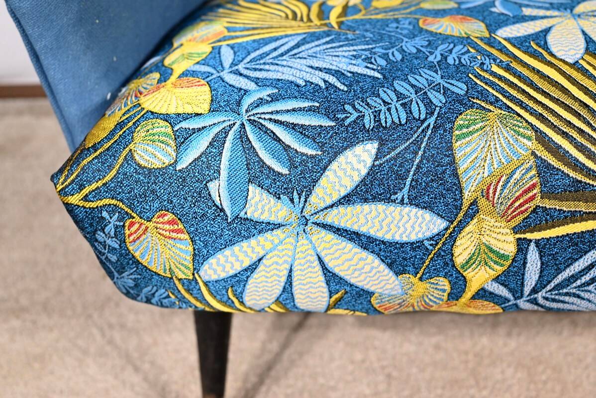 2-Seater Bench in Azure Blue Fabric – 1940s