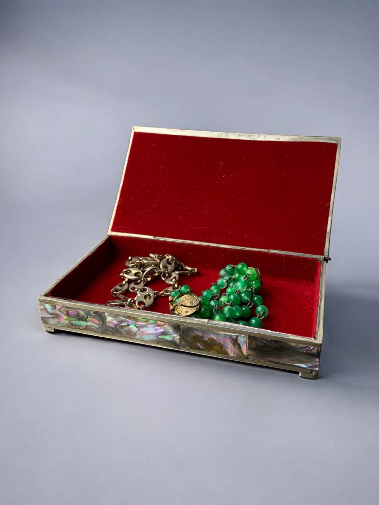 Abalone shell vanity box, alpaca and wood, Mexico, 1970s