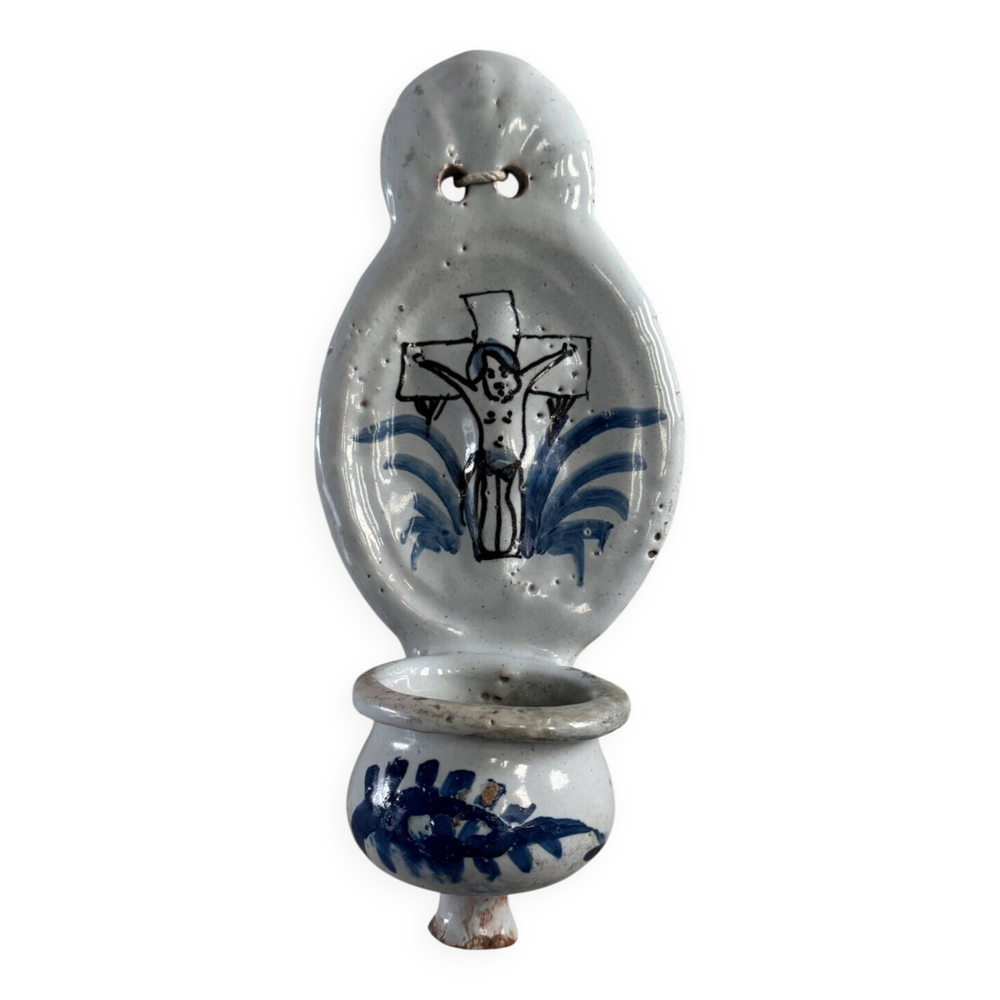 18th century Nevers earthenware holy water font