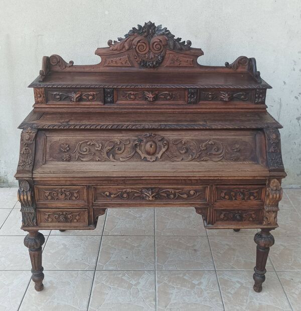 Bureau cylindre Louis XIII en chêne époque 19ème