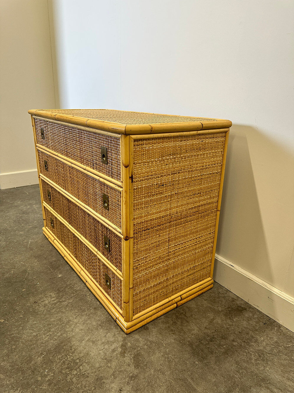 Midcentury bamboo, rattan and brass chest of drawers by Dal Vera, Italy, 1970s
