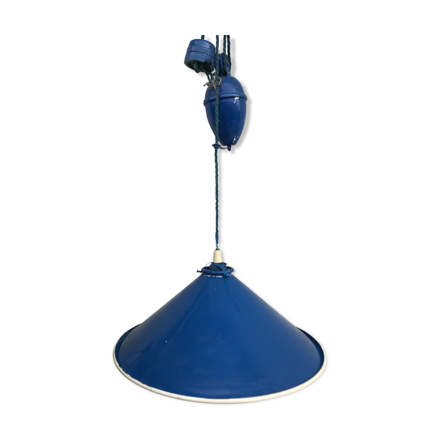 Blue and white painted metal hanging and its mount and drop