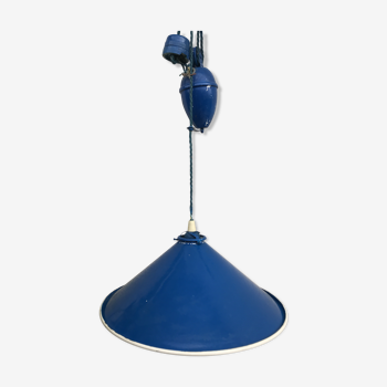 Blue and white painted metal hanging and its mount and drop