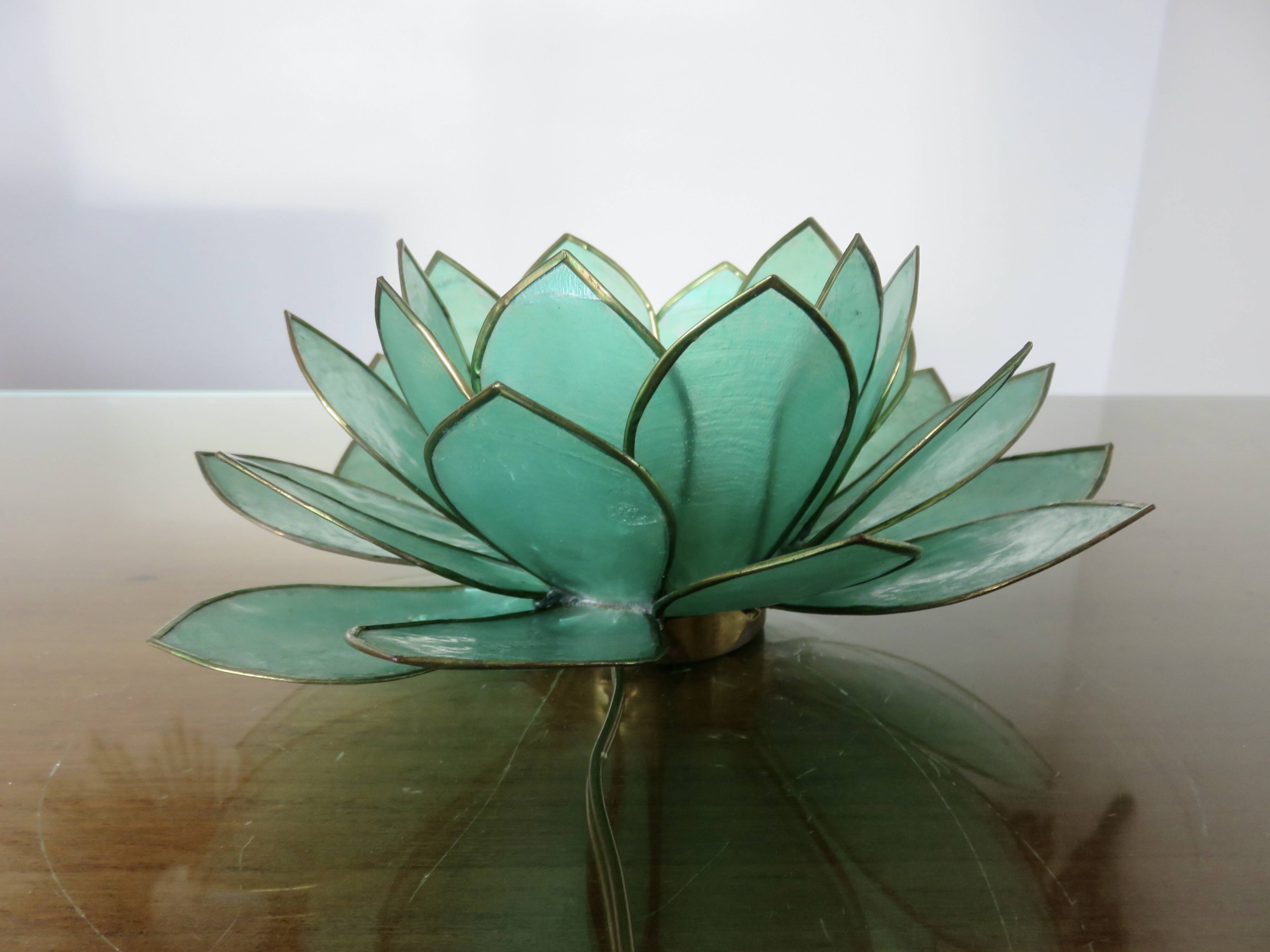 Capiz green mother-of-pearl and brass flower lamp, 1970s