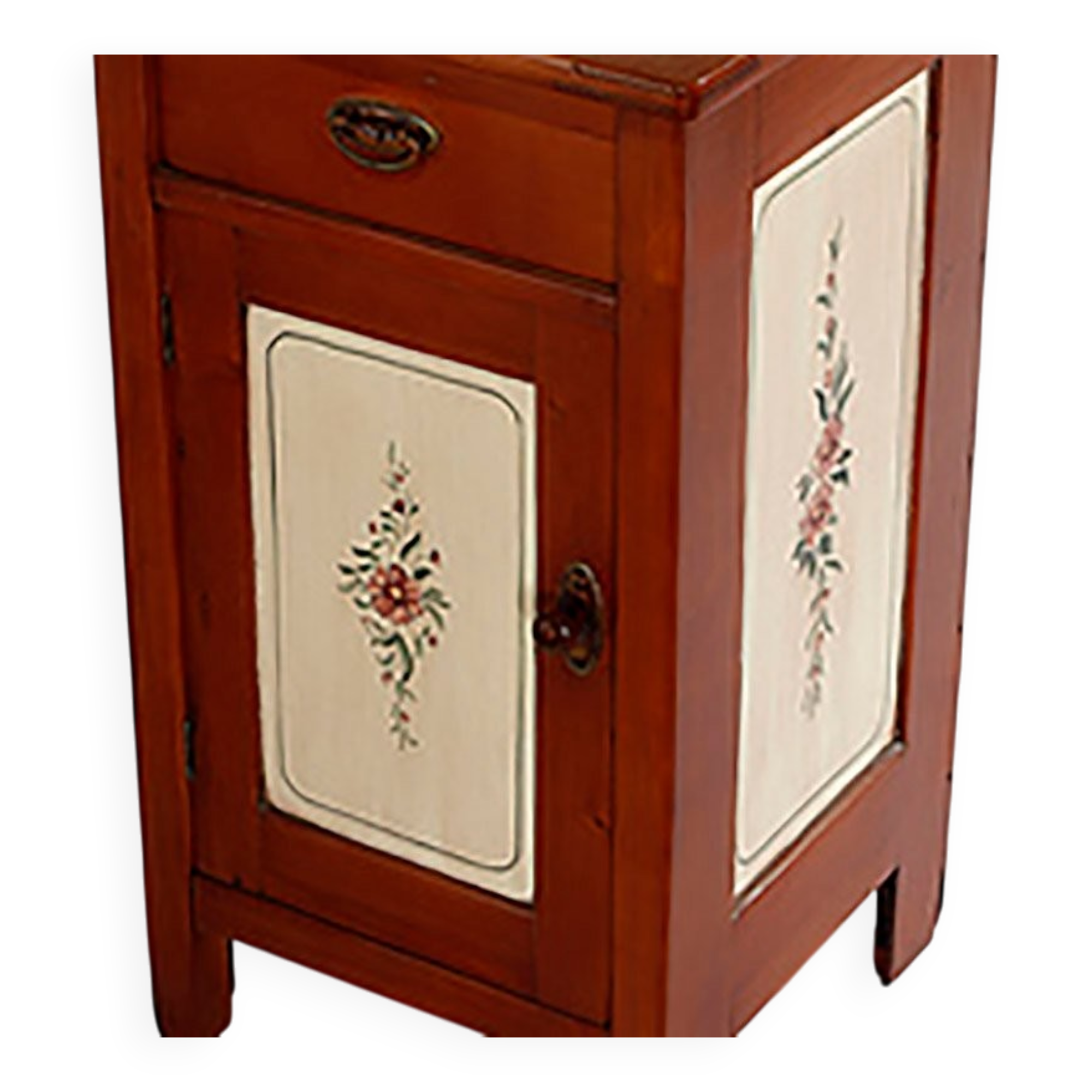Vintage brown wooden bedside table hand-painted from the 1950s with a drawer and door.