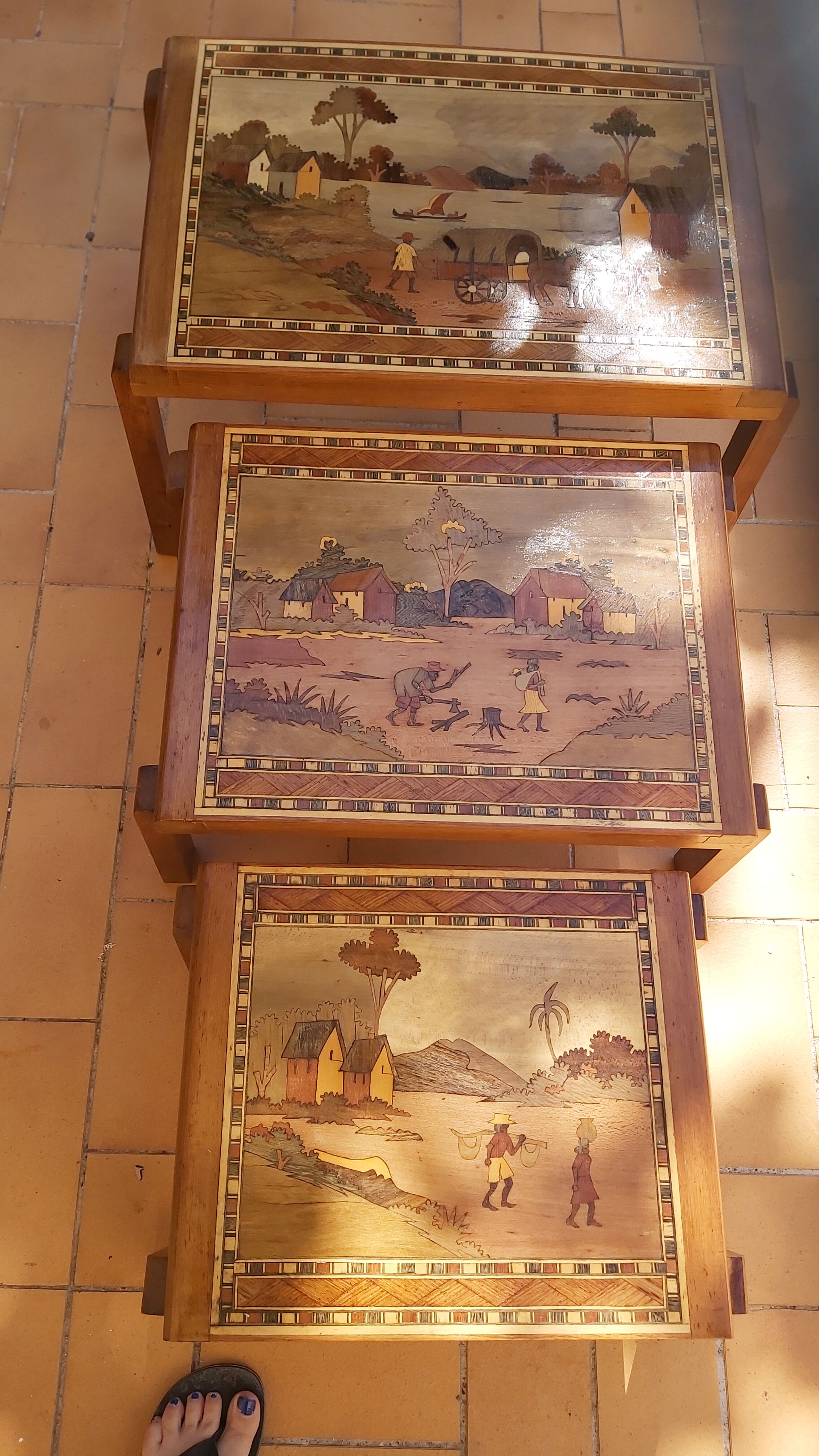 Malagasy marquetry trundle tables