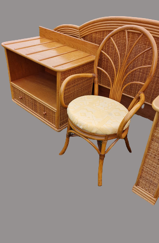 Rattan room, desk, suitcase door, headboard, 2 bedside tables, a chair