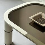 Rectangular coffee table with rounded edges, lacquered metal, brass & smoked mirror, 70s design.