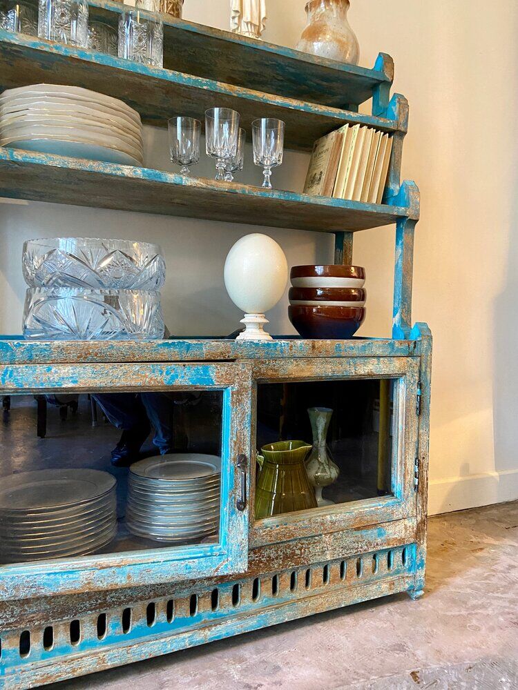 Sideboard 4 shelves and 2 glass doors in blue wood