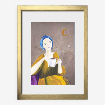 Art print, woman at cafe