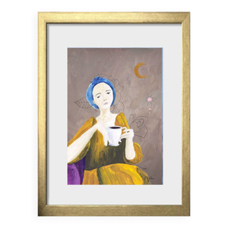 Art print, woman at cafe