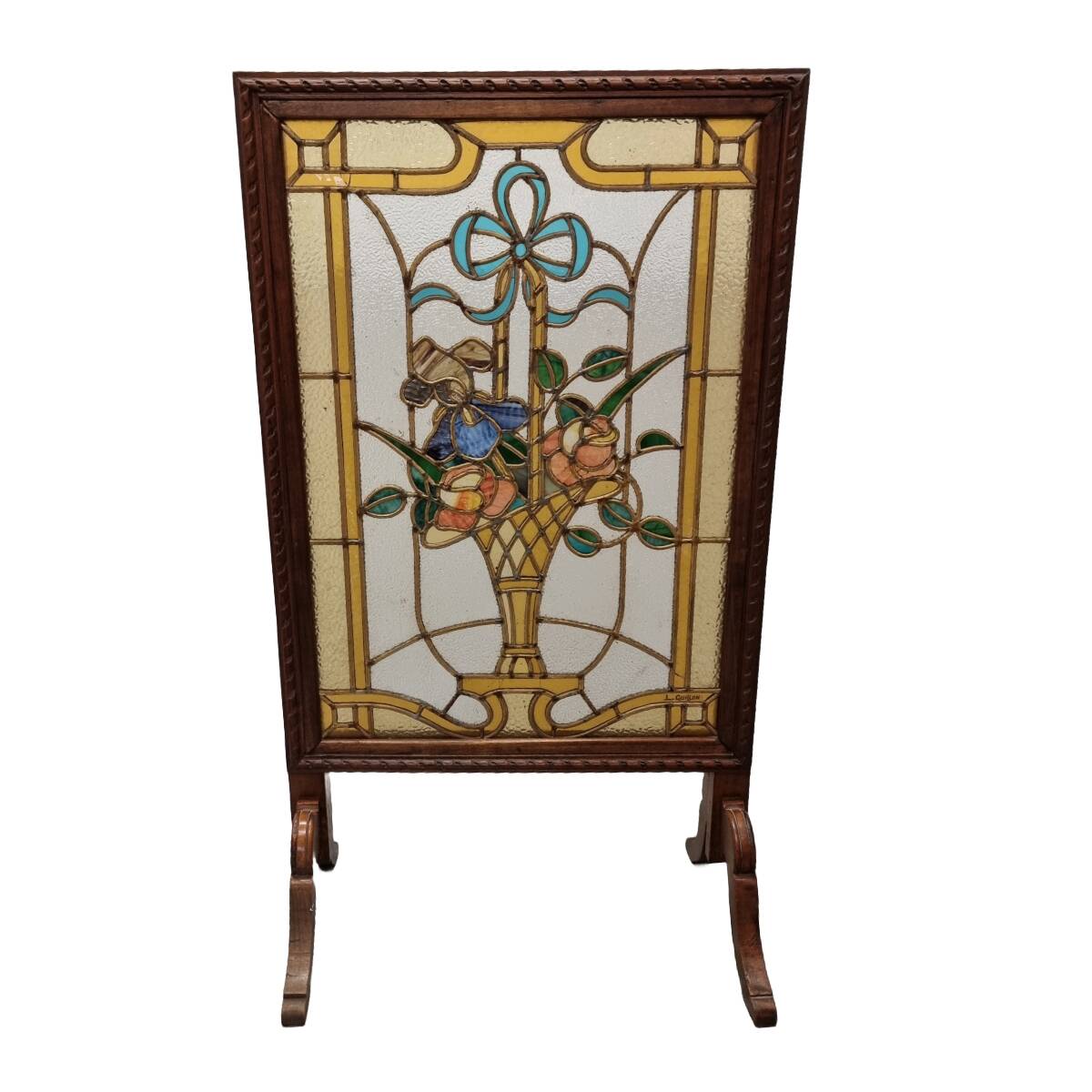 French stained glass fireplace screen L. Guillon, early 1900s