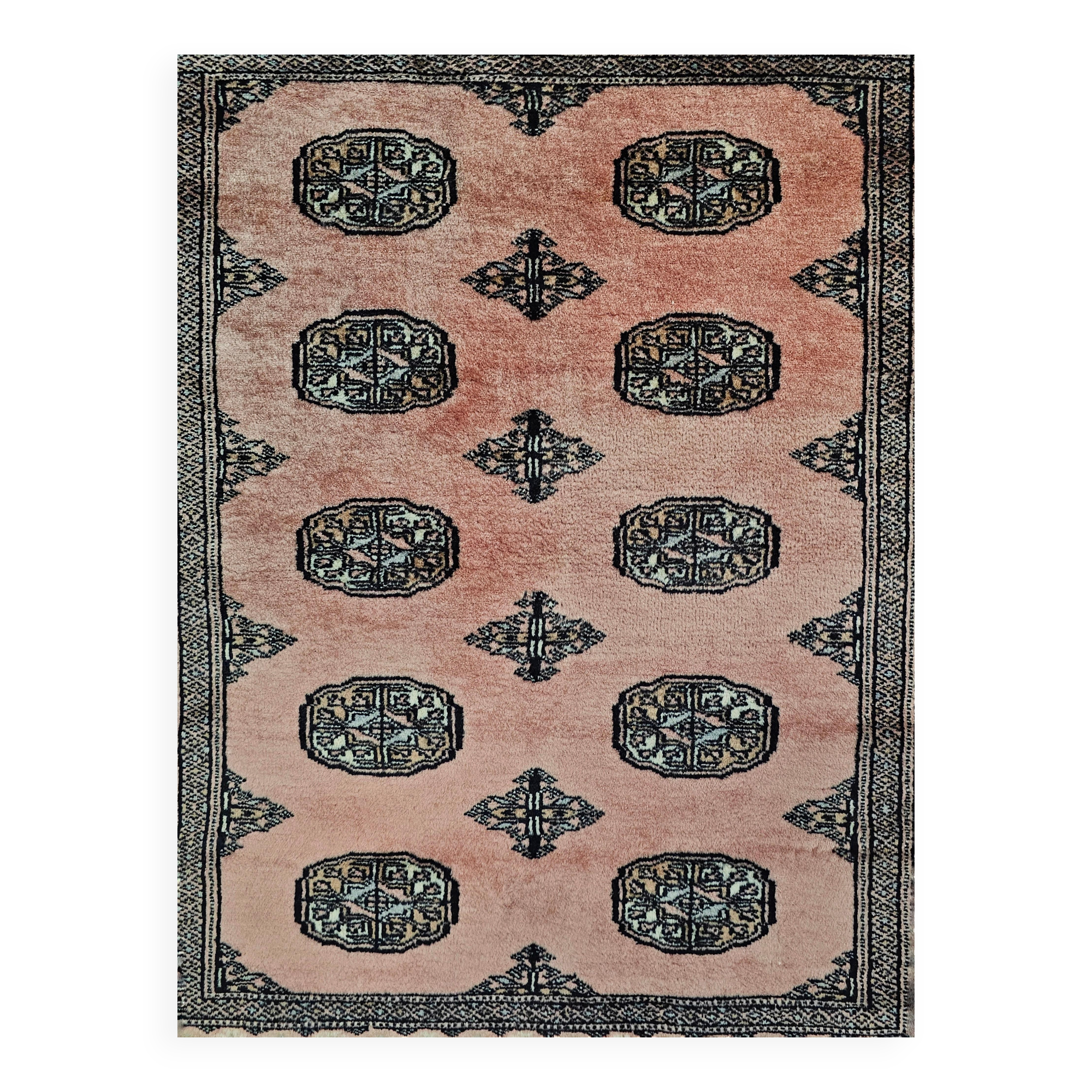 Tapis vintage noué main Bokhara Pakistan années 1950