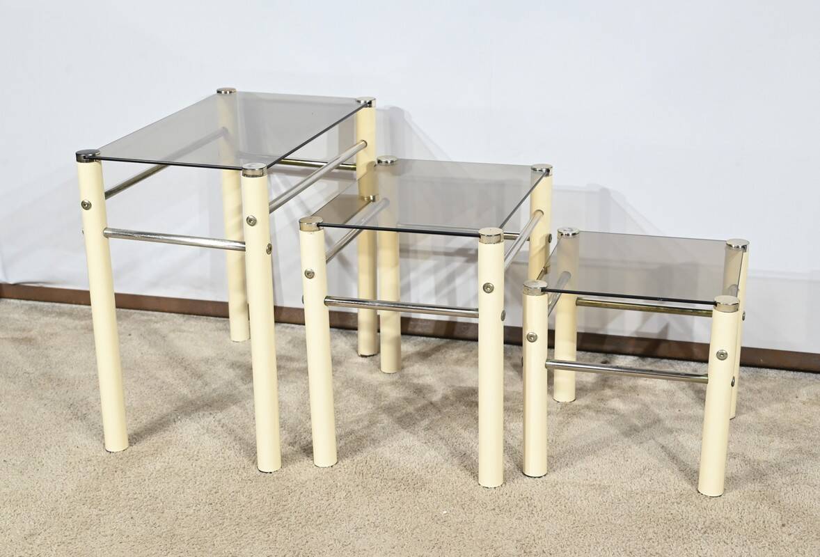 Tables Gigognes en Métal Beige, attribuées à Yves Boutboul – 1970