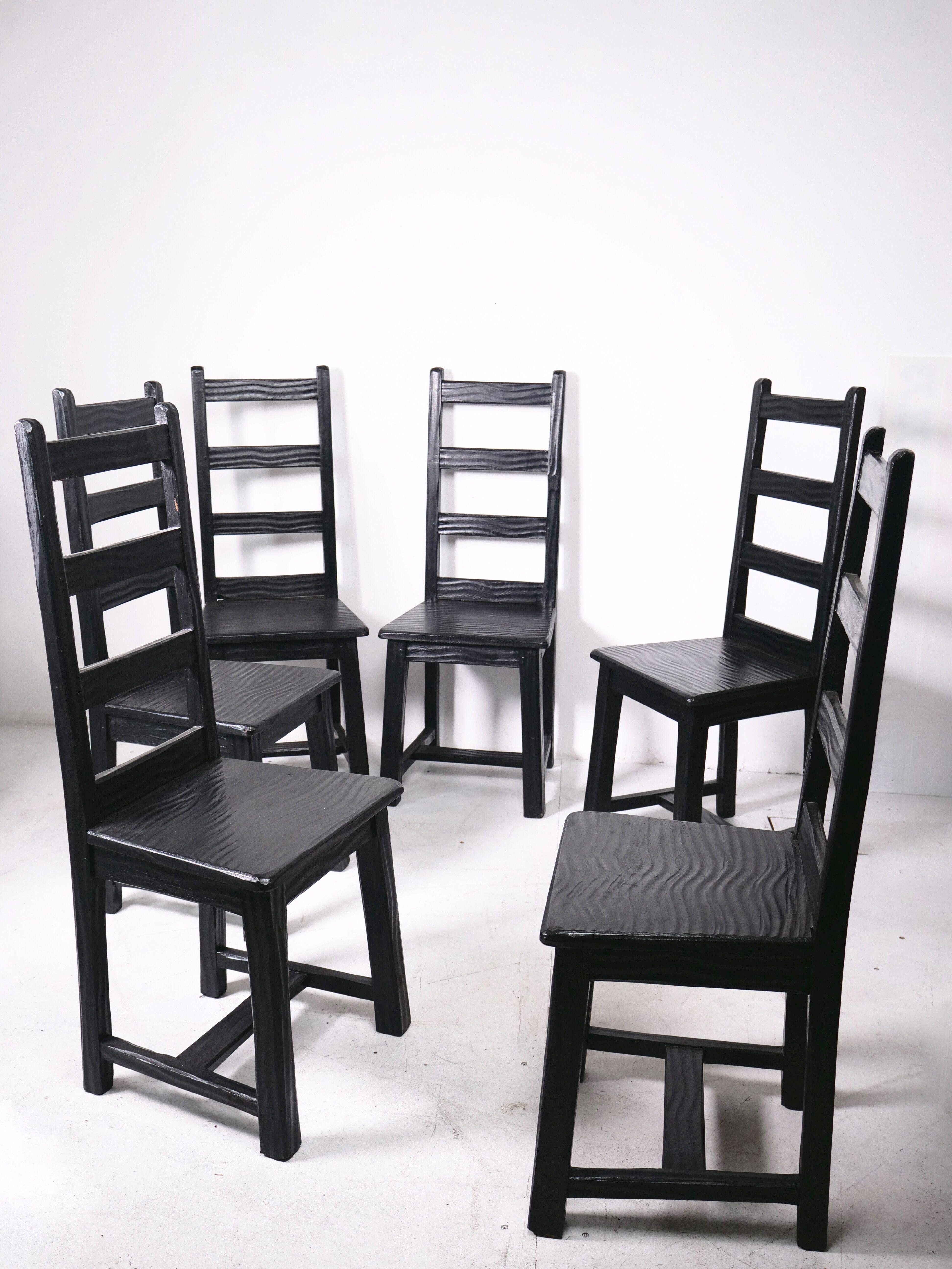 Set of 6 black brutalist chairs in solid oak