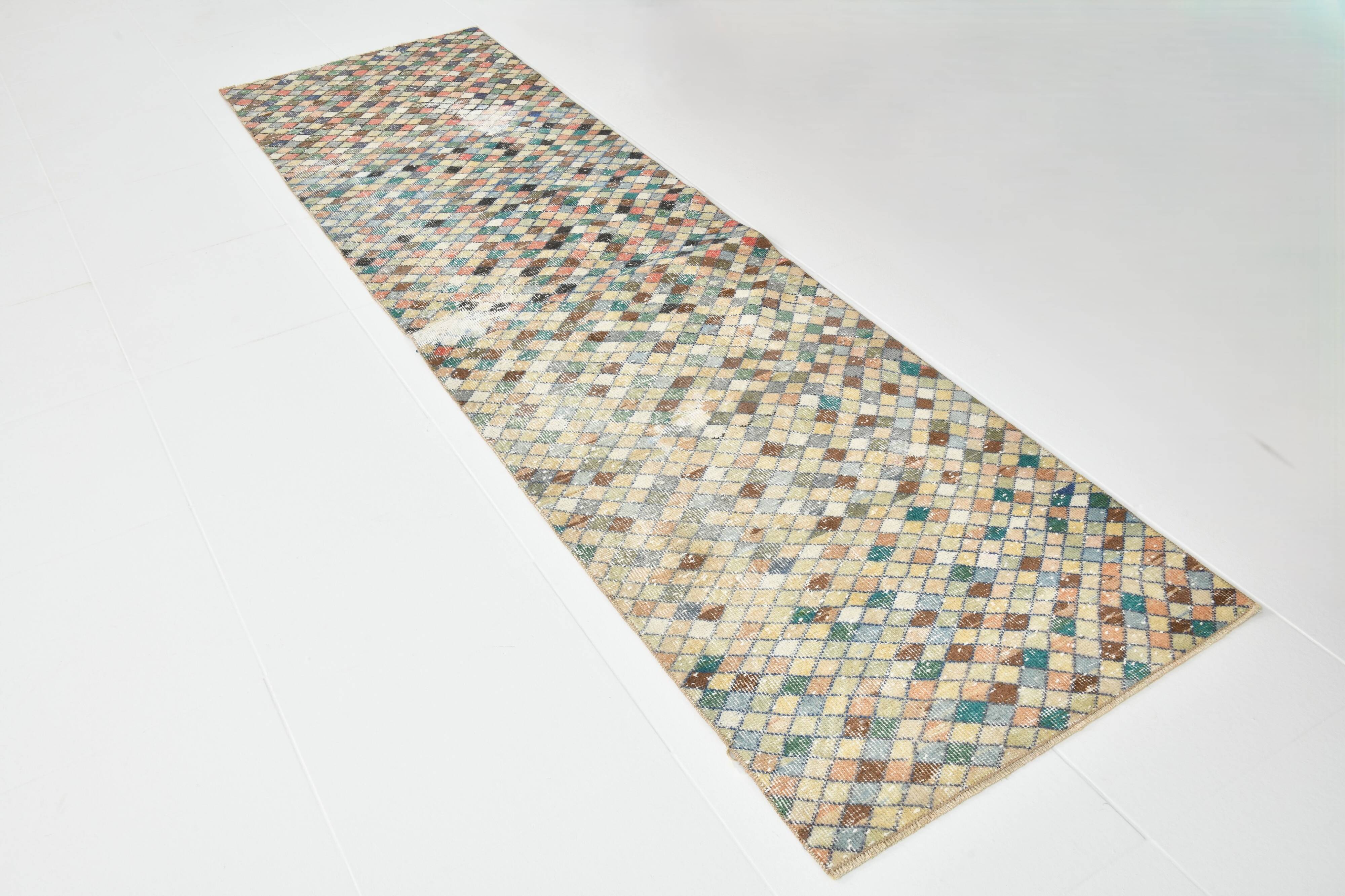 2x9 Vintage Multicolor Geometric Turkish Runner Rug, 75x266Cm