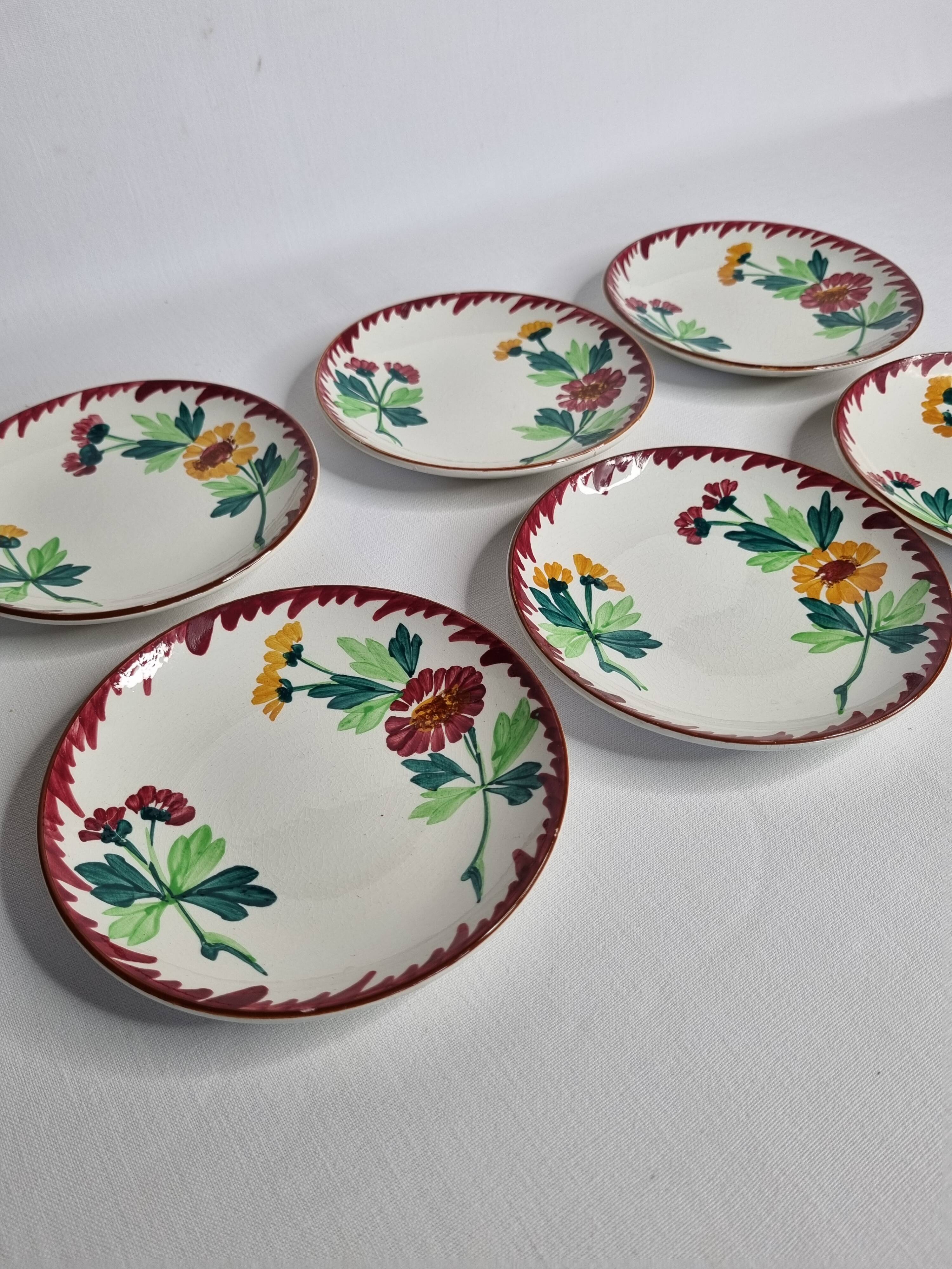 Set of 6 old Sarreguemines earthenware dessert plates, Colmar decor, 1920