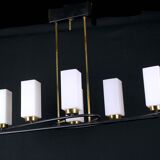 Chandelier of Maison Arlus, in black and gold metal and six rectangular opalines