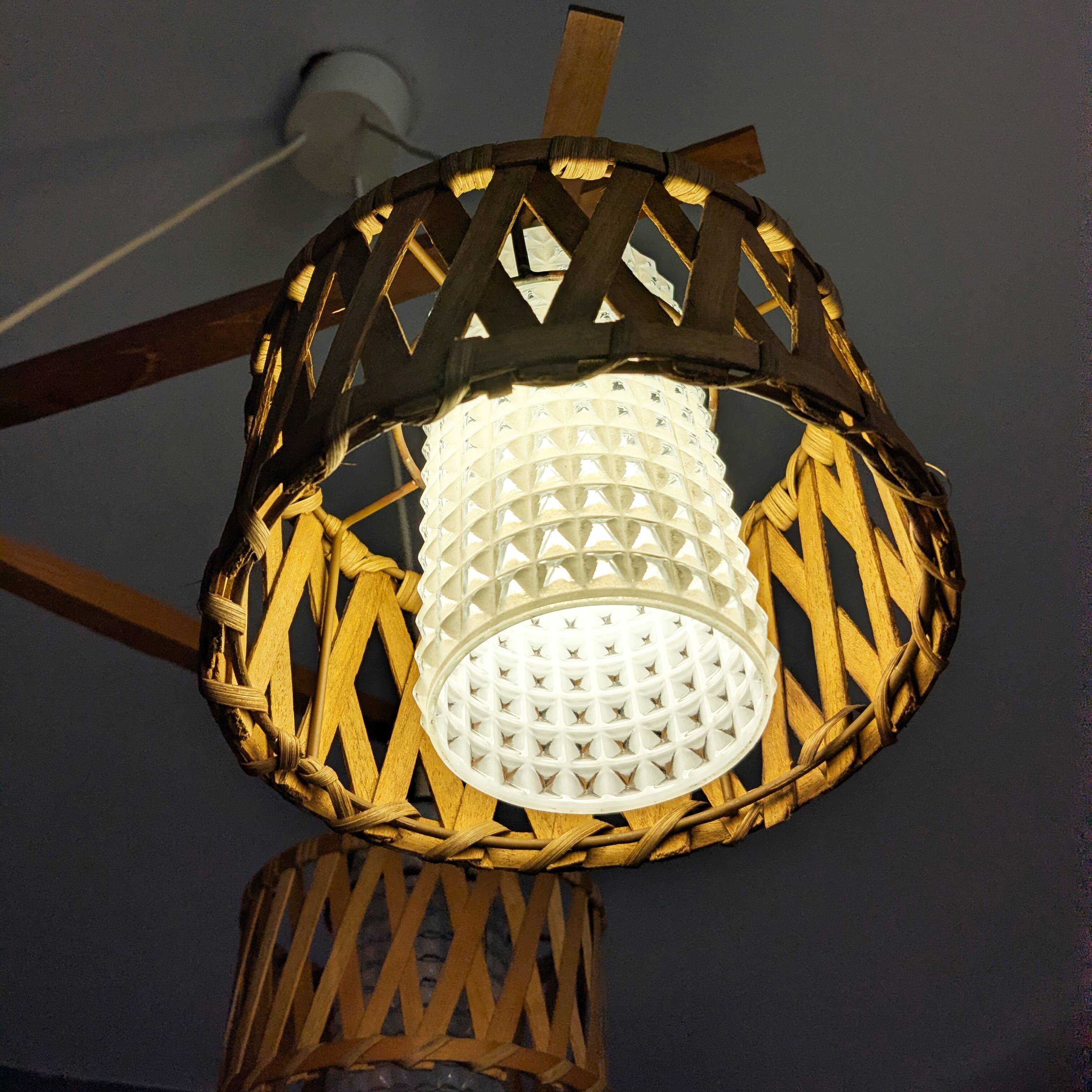 Suspension in teak and rattan, Doria Leuchten from the 1950s.