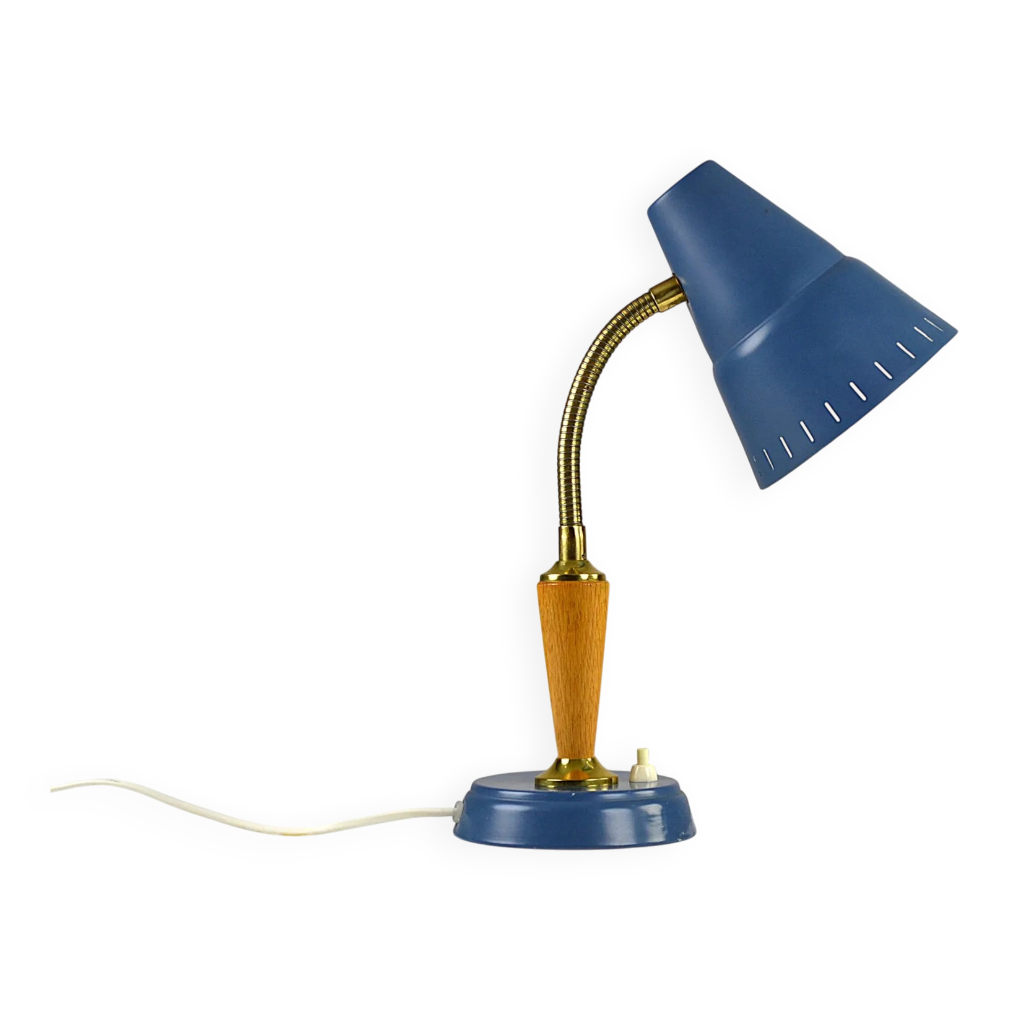 Blue Metal, Brass & Teak Table or Desk Lamp by Ringus, Sweden, 1950s