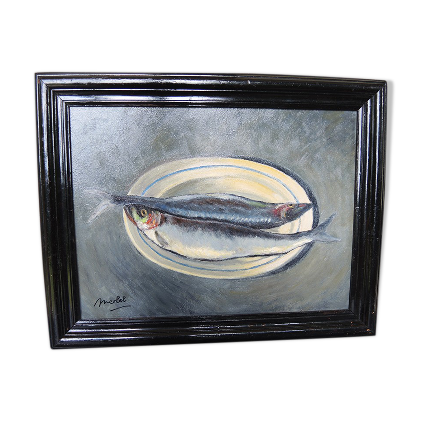 Oil on wood framed and signed henri merlet : 2 herrings