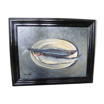 Huile sur bois ecadrée et signée henri merlet : 2 harengs