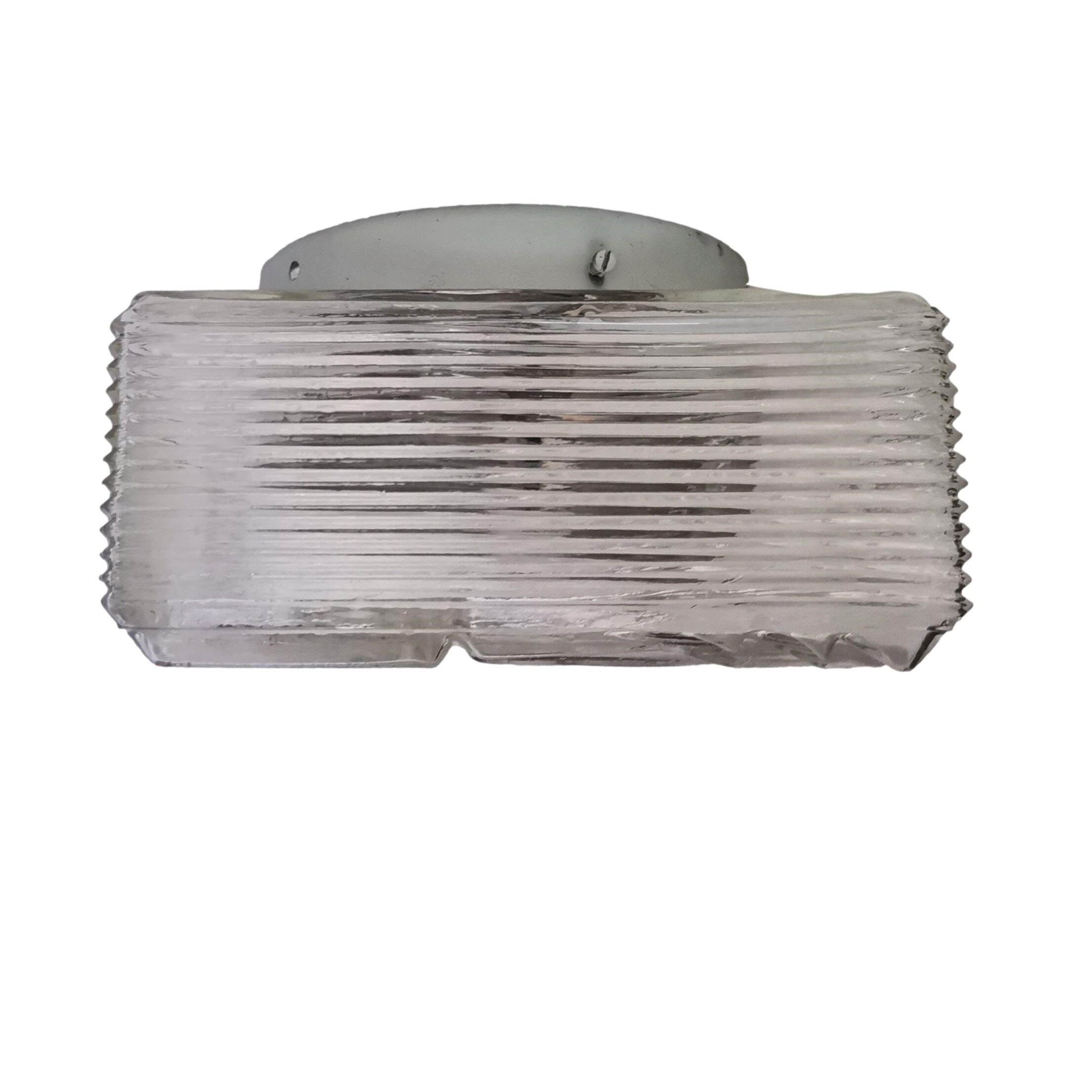 Square mid century clear ribbed glass flush mount light fixture lamp 1960s