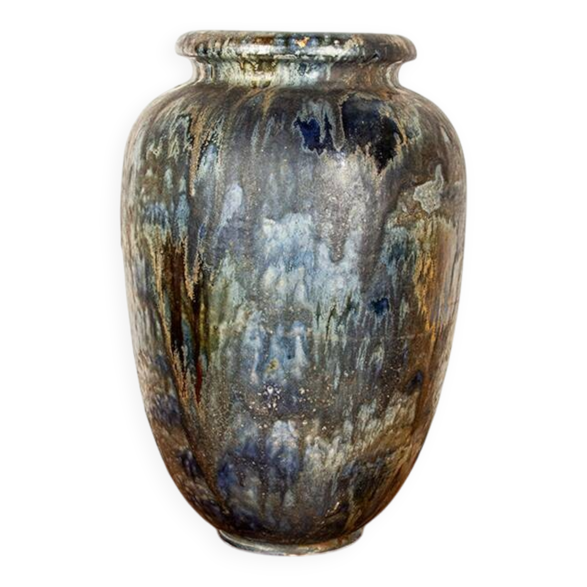 Large Art Deco vase, in glazed and iridescent blue stoneware, by Roger Guérin 1930.