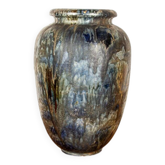 Grand Vase Art Déco, en grès émaillé et irisé bleu, par Roger Guérin 1930.