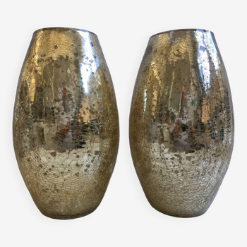 Pair of Cracked Mercurized Ovoid Vases Modernist Design Tealight Holders