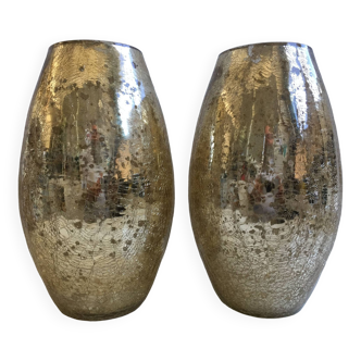 Pair of Cracked Mercurized Ovoid Vases Modernist Design Tealight Holders