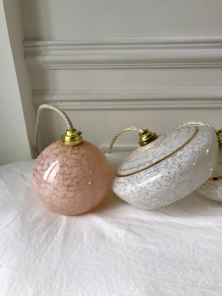 Pair of suspensions in white Clichy glass and golden edging 40s-50s
