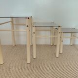 Vintage nesting tables Boutboul - cream metal and smoked glass - 70s design.