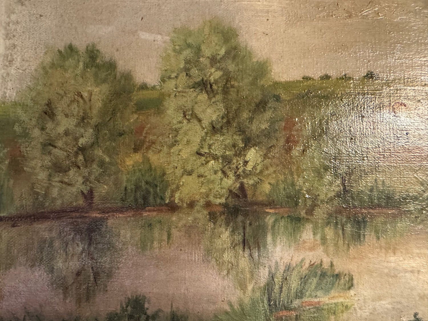 Antique painting, landscape with pond, signed and dated 1895
