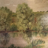 Antique painting, landscape with pond, signed and dated 1895