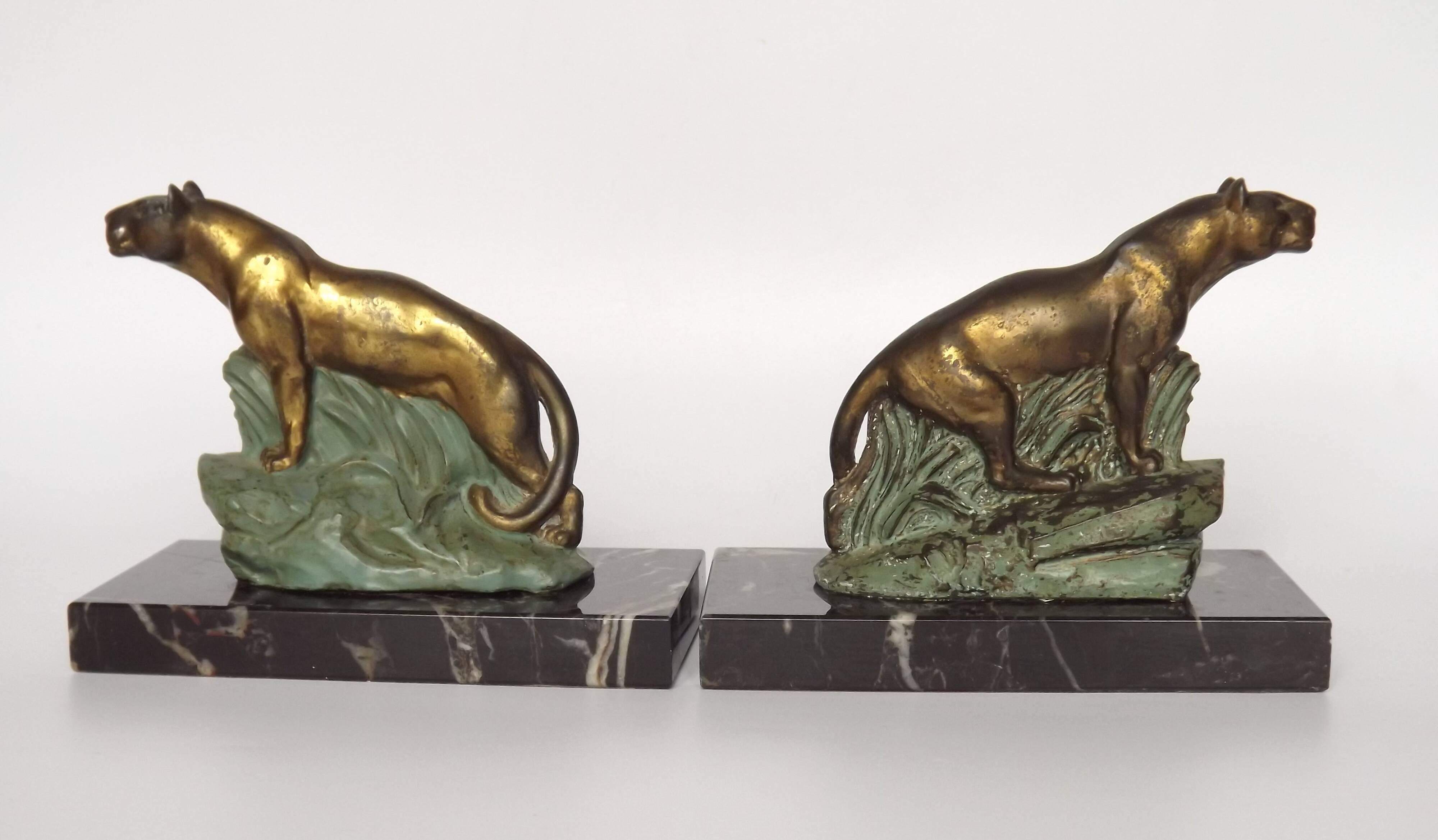 Vintage French Art Deco Panther Book Ends - Marble and Metal Bookends