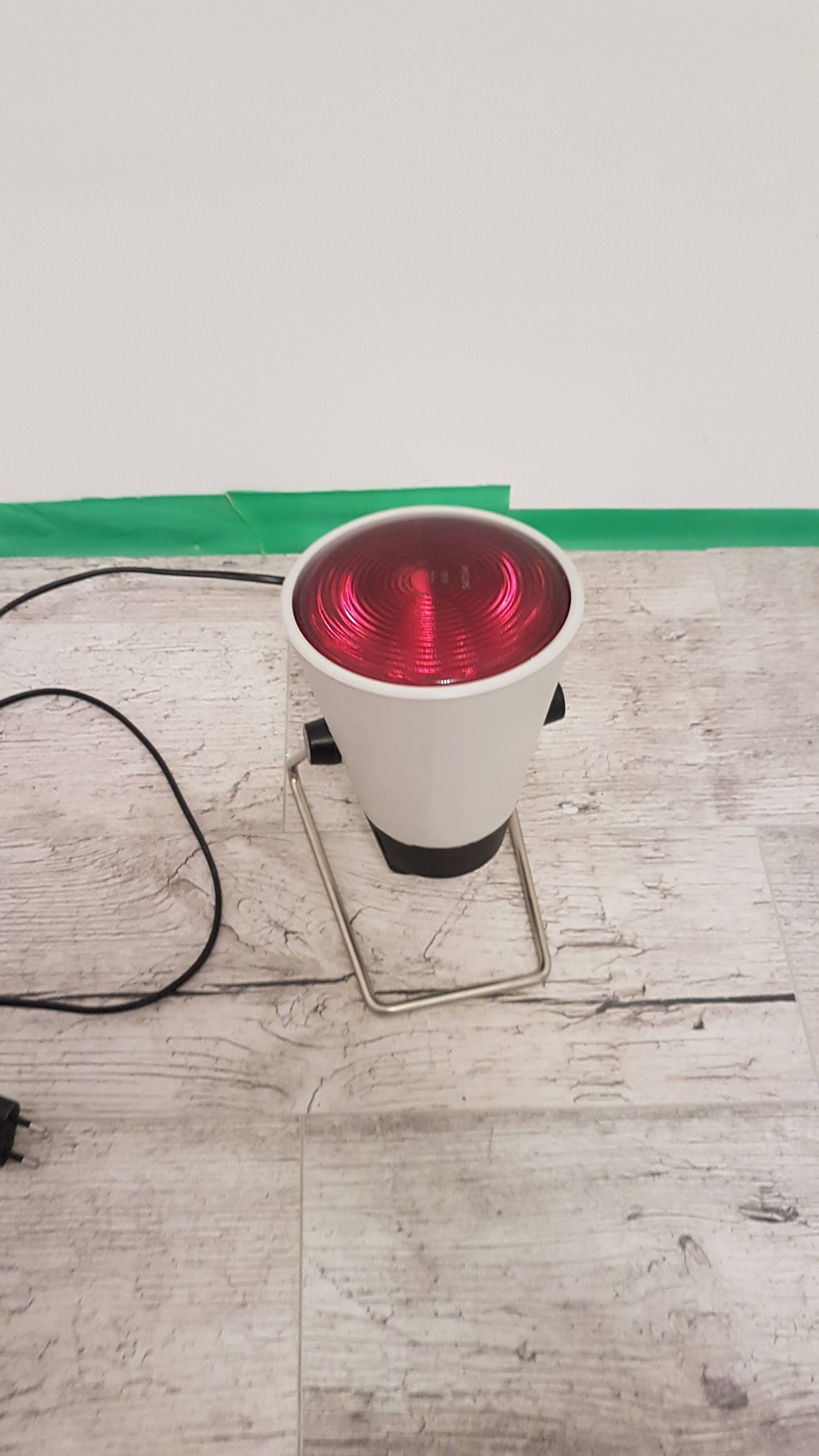 Space Age desk lamp, white metal, chrome-plated steel, red glass, Germany,