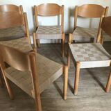 Set of 6 vintage brutalist chairs and beech and jute straps