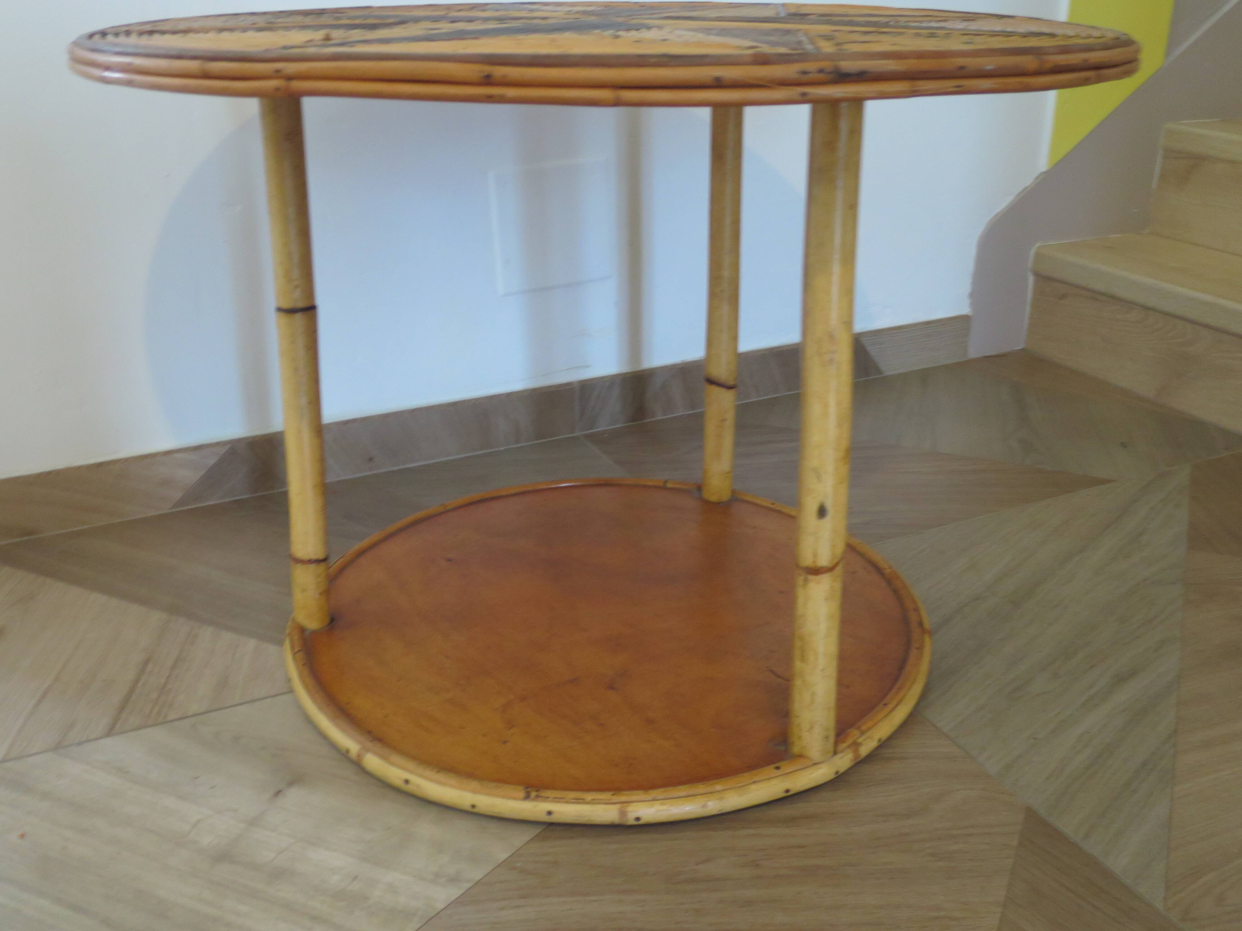 Table basse ronde bambou rotin et bois motif étoile années 80