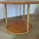 Round coffee table with bamboo, rattan and wood, star pattern, 80s