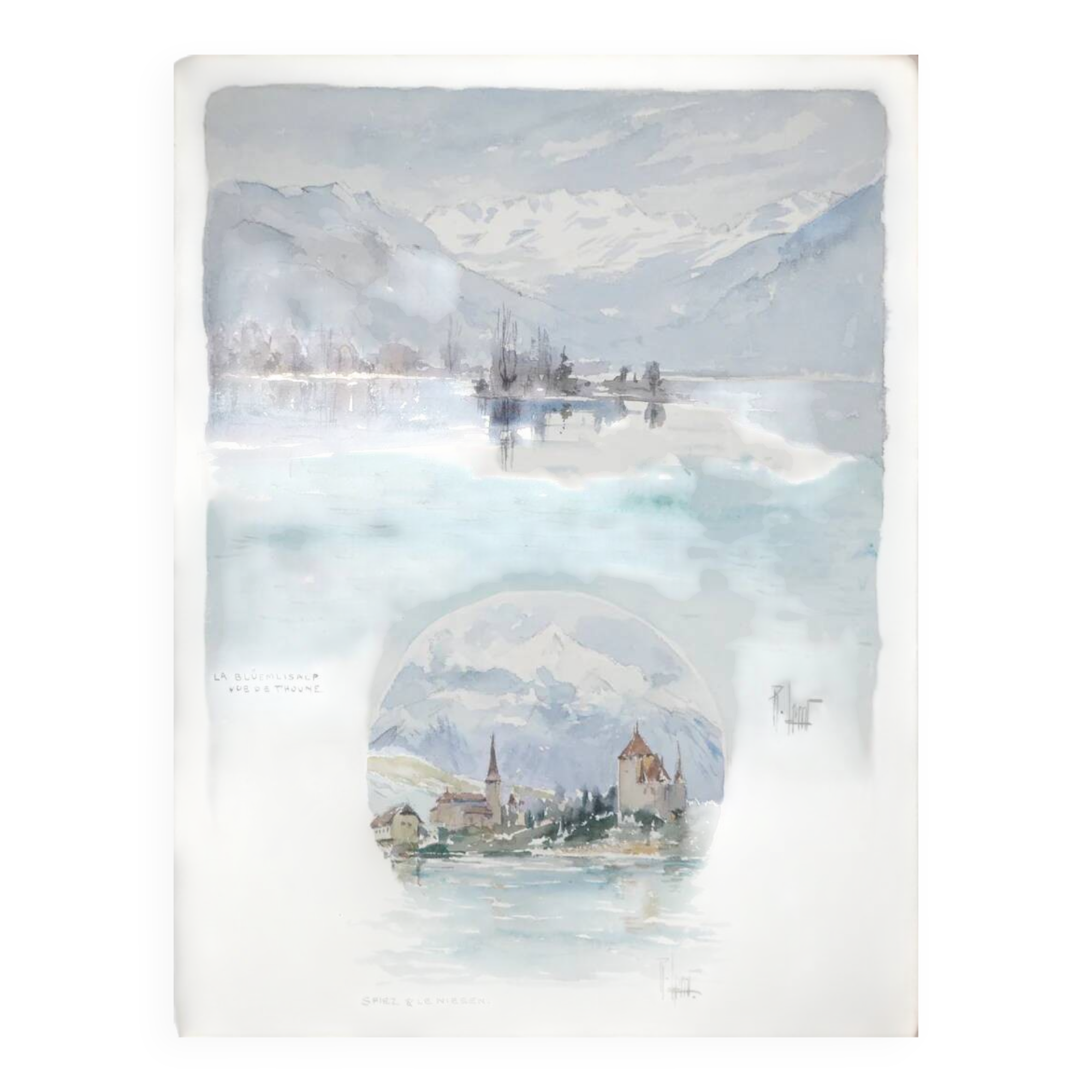René leverd: switzerland, view of thun from la blümlisalp, original signed watercolor