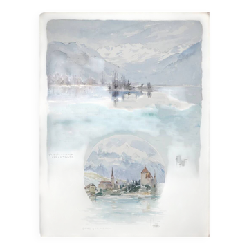 René leverd: switzerland, view of thun from la blümlisalp, original signed watercolor